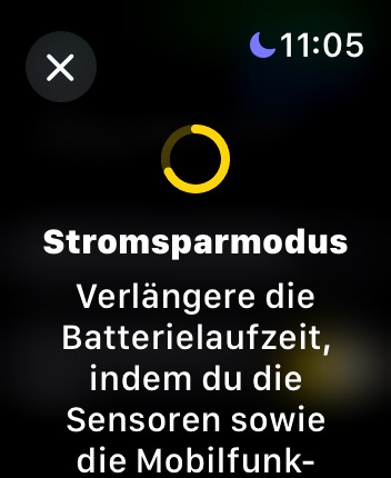 Apple Watch Screen, der über Stromsparmodus informiert. Zu sehen ist nur Text, aber keine Interaktion Flächen. Weil diesem scroll Bereich liegen