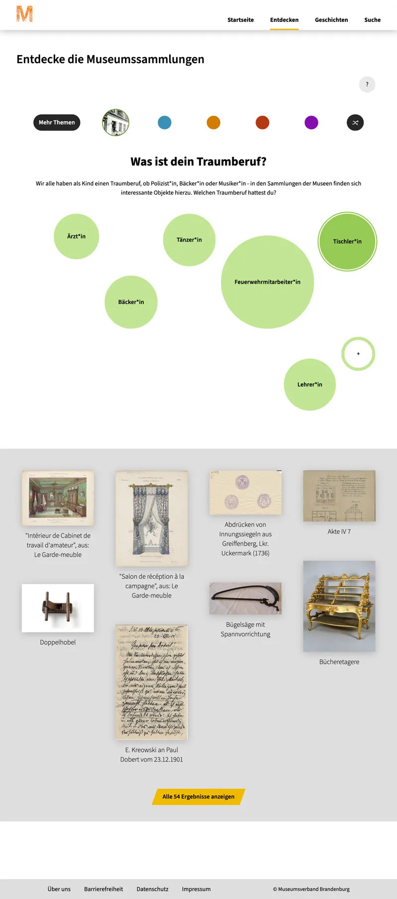 Screenshot: Explorere Modul Museum Digital des Museumsverbands Brandenburg