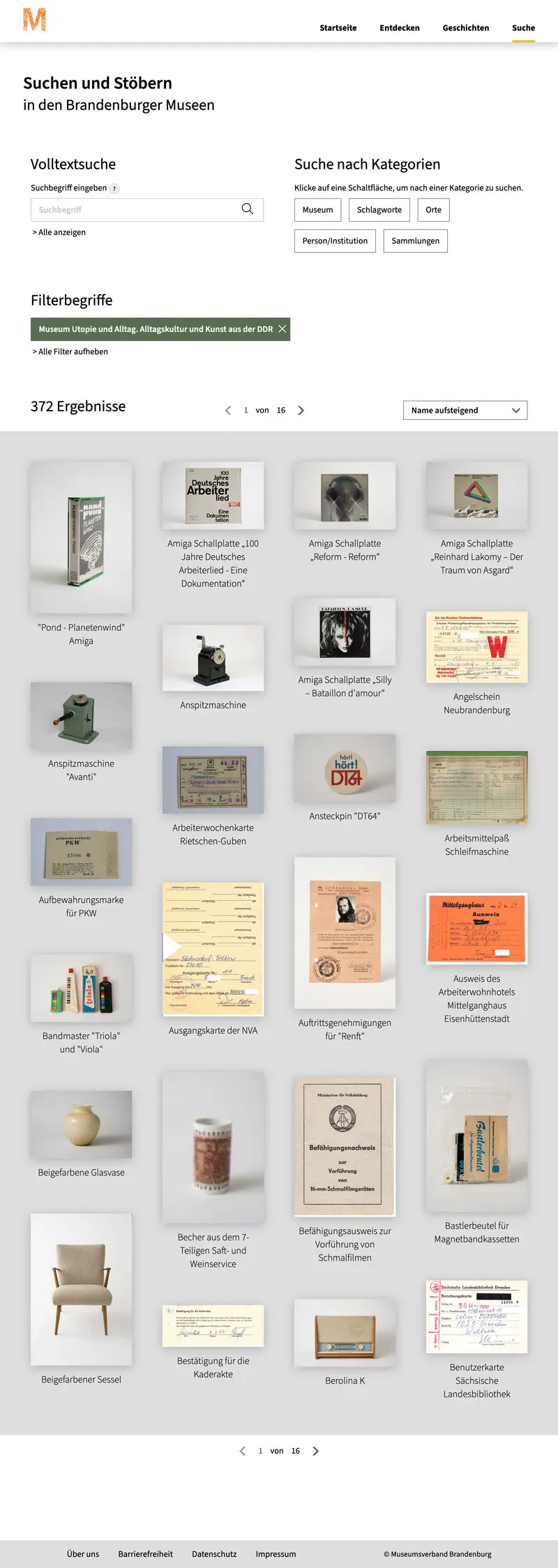 Screenshot: Museum Digital Suche des Museumsverbands Brandenburg