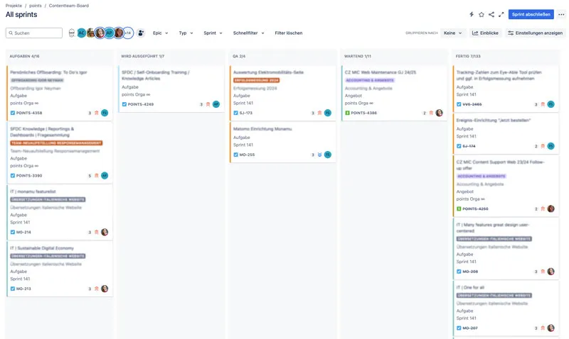 Kanban Board, mit den Aufgaben eines Teams