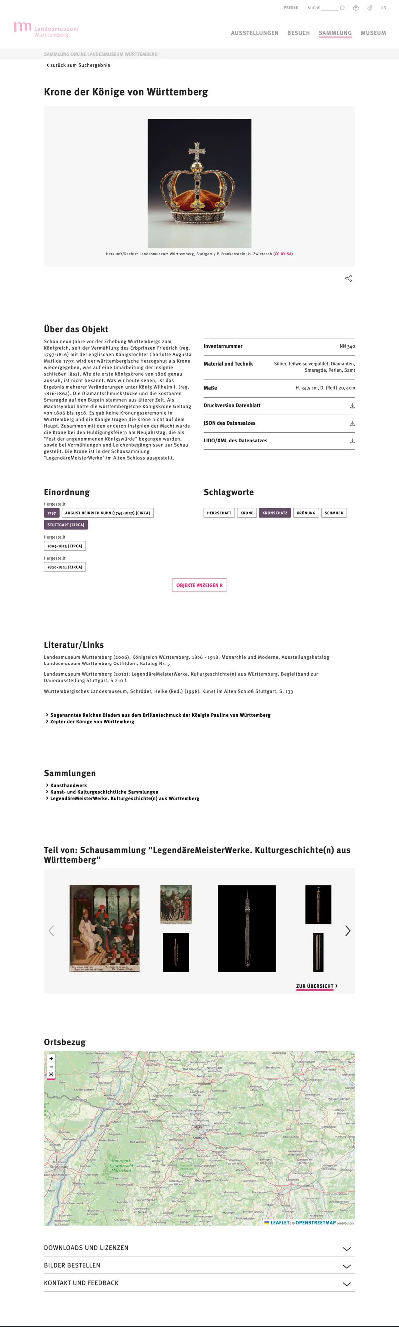 Screenshot: Museum Digital für das Landesmuseum daptiert: Detailseite der Krone der Könige von Württemberg