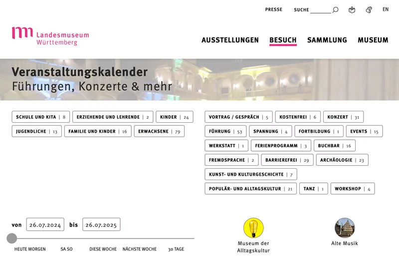 Screenshots auf die Filteroptionen des Veranstaltungsklenders