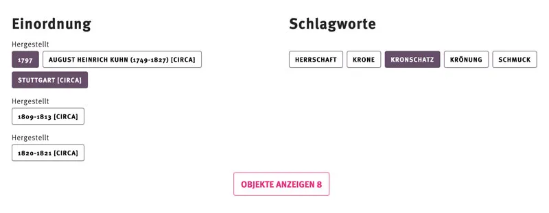 Ausschnitt aus einer Detailseite eines Objekts: zwei verschiedene Stichworttypen können miteinander kombiniert werden, um ähnliche Objekte zu finden. 