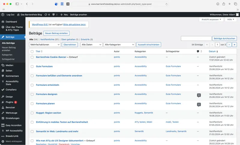 Screenshot WordPress Backend: Beitragsansicht